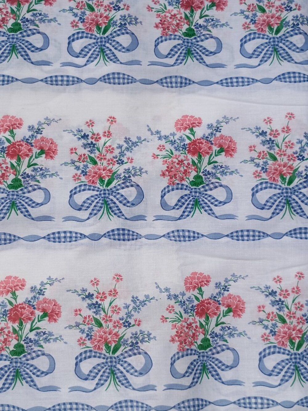 Vintage Floral Fabric White with Blue and Pink Gingham Bows 4 Yards Cottagecore